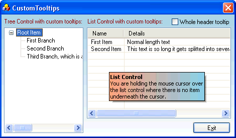 Tooltip on list control